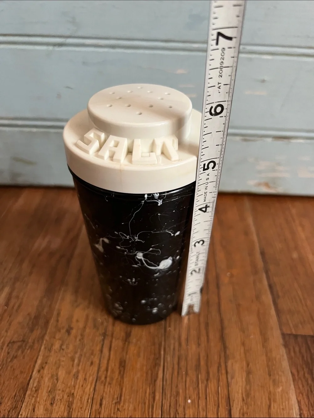 Vintage MCM Glass Black Marble Salt and Sugar Shaker Set with Plastic Lids